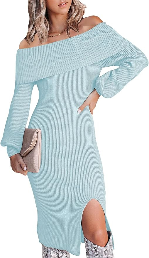 Cutiefox Women's Off The Shoulder Bodycon Sweater Dress Elegant Long Sleeve Ribbed Knit Midi Dres... | Amazon (US)