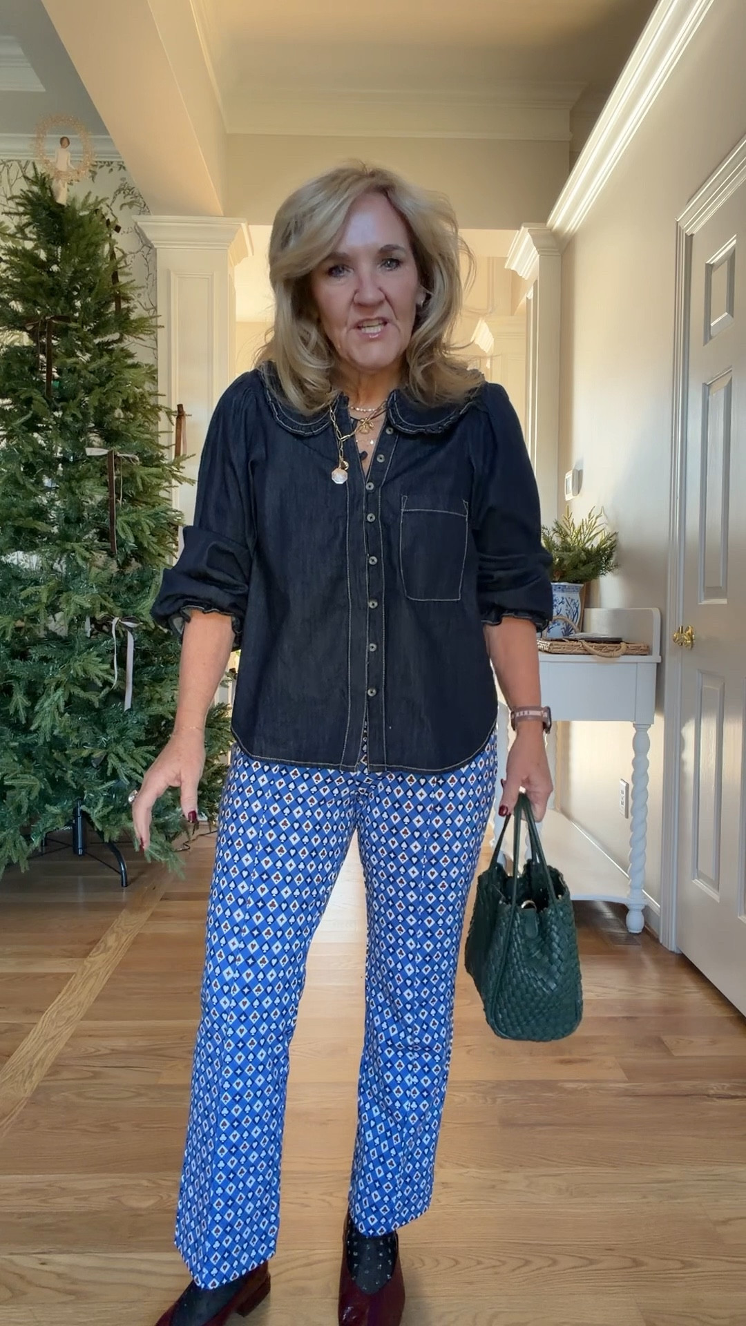 Anthro sale but more save more Denim top size medium regular. The sleeves are a little long, but nothing I can’t work with.
Pants are a ponte knit. They feel like wearing leggings. I’m wearing a medium regular. So they are a cropped length, but on me a full length.
Love this purse. Available in other colors. Necklace stack makes a great gift! 
Shoes are true to size and I love them  
Quince scarf 
Business casual work outfit 

#LTKOver40 #LTKWorkwear #LTKPetite