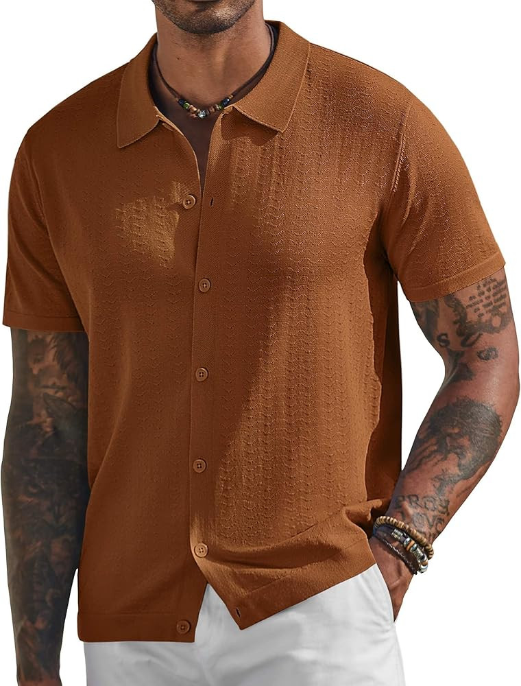 COOFANDY Men's Knit Shirts Short Sleeve Button Down Shirt Casual Summer Beach Shirt | Amazon (US)