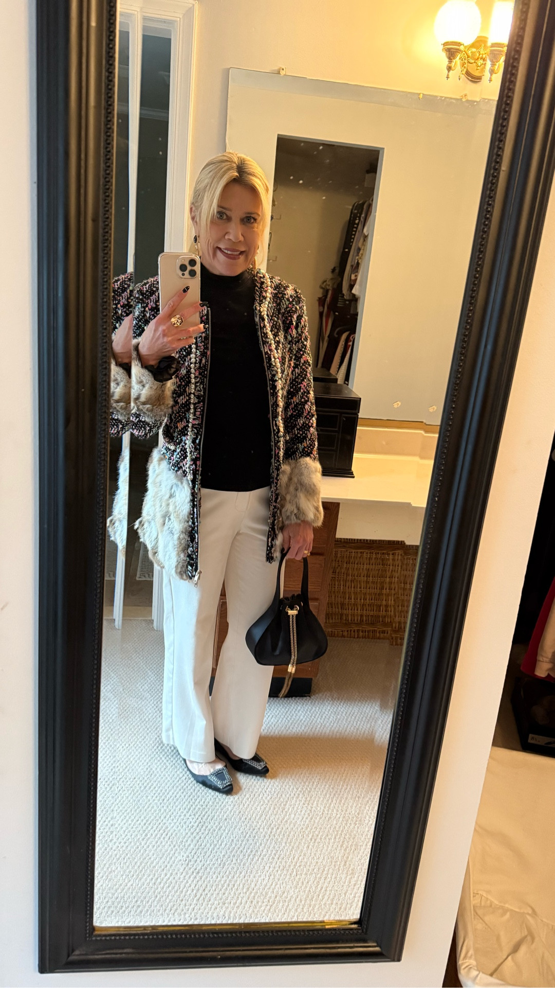 Holiday outfit for lunch with friends. These leather pants are like butter and so cozy to wear. I dress them up or down. This fir trim jacket is a vintage piece but I’ll try to find similar.

#LTKootd #LTKHoliday #LTKOver40