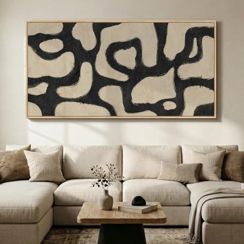 Oversized Framed Abstract Horizontal Wall Art for Living Room, Modern Neutral Black Beige Canvas Artwork for Walls, Extra Large Mid Century Paintings Print for Hallway Dining Room Wall Decor, 72x36 In | Amazon (US)