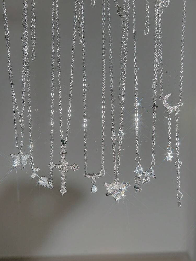 1 Set Of 5pcs Y2K Style Cute, Fashionable, Elegant, Vintage Design Necklace Set With Heart, Butterfly, Water Drop, Bow, Star, Moon, Cross, Rhinestone, Tassel Pendants, Multilayer Necklaces, Suitable For Holiday, Party, Date, Gift, Daily Wear | SHEIN