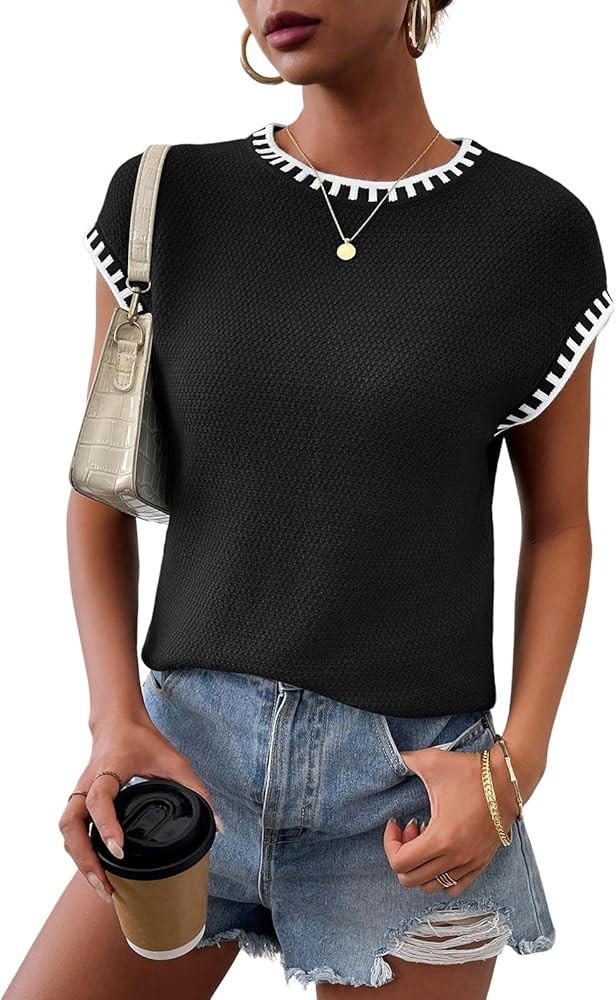 Womens Knit Sweater Tops Cap Sleeve Vest Summer Tops 2024 Sleeveless Tank Tops Clothes Trendy T S... | Amazon (US)