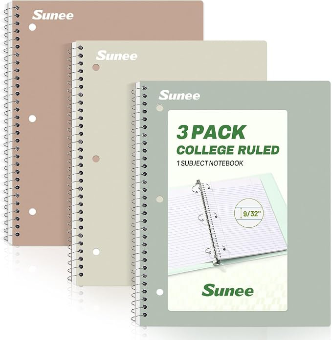 SUNEE Spiral Notebooks, 3 Pack, 1-Subject, College Ruled Paper, 8" x 10-1/2", 70 Sheets per Noteb... | Amazon (US)