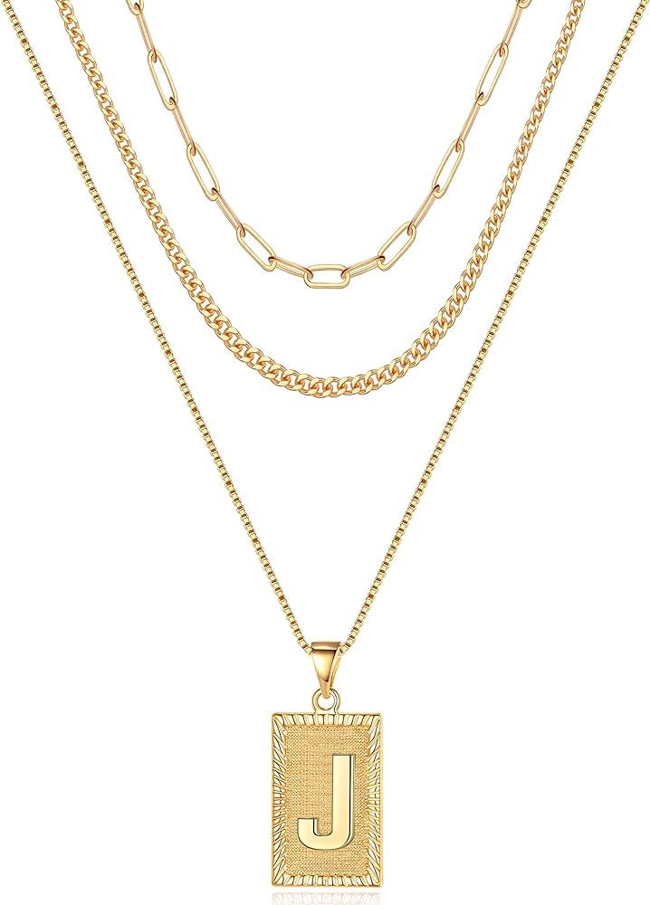 Gold Layered Initial Necklaces for Women, 14K Gold Plated Paperclip Cuban Chain Choker Necklace L... | Amazon (US)