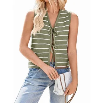 Women'S 2025 Summer Trendy Crochet Knit V Neck Sleeveless Tie Front Striped Sweater Vests Beach O... | Walmart (US)