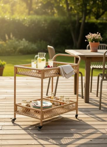 Christopher Knight Home Sador Outdoor PE Wicker Bar Cart, 2-Tier Rolling Serving Trolley with Bottle Rack & Locking Casters, Patio Beverage Cart with Handle & Steel Frame, Natural, 34.8" L | Amazon (US)