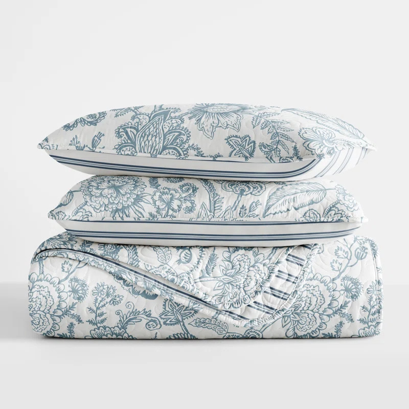 Becky Cameron Dusk Blue Floral Stripe Reversible Quilt Set | Wayfair North America
