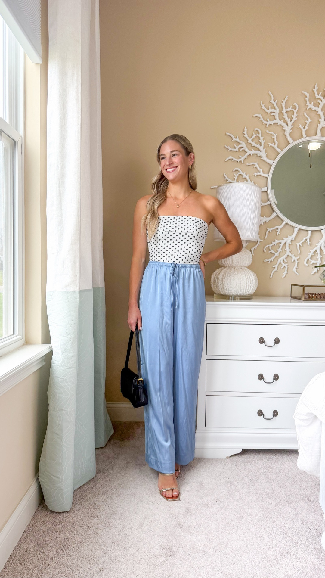 One Amazon top three ways! Xs tts! Can be worn for date night, vacation or casual spring outfit! Satin pants Xs, Jean shorts 25, black skort 0. All tts  🩵🩵🩵🩵🩵🩵🩵🩵
Spring outfits 2026. Vacation outfits. Jean shorts. Satin pants outfits. Date night outfits. Tube top. Polka dots. Polka dot top. Beach vacation outfits. Amazon tops. Going out tops  

#LTKootd #LTKgrwm