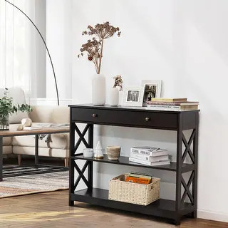Costway 3-Tier Console Table X-Design Sofa Entryway Table with Drawer - Brown | Bed Bath & Beyond