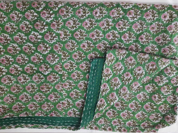 New Hand Block Green Color Print Kantha Quilt Indian Kantha | Etsy | Etsy (US)