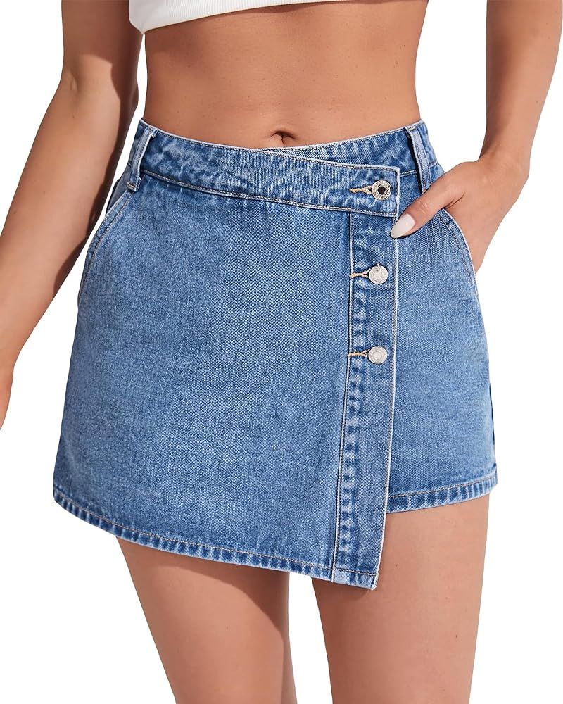 Flvsun Denim Shorts Women Casual High Waisted Solid Button Up Asymmetrical Denim Jean Skort Skirt... | Amazon (US)