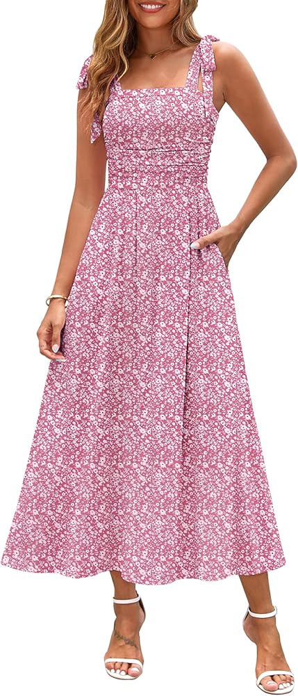 Zattcas Womens 2025 Summer Spaghetti Strap Floral Maxi Dress with Pockets Smocked Flowy Long Beac... | Amazon (US)