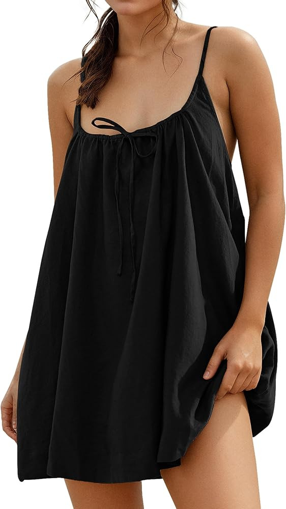 YUENIU Womens Sundresses Mini Linen Beach Cover Up Tank Summer Casual Spaghetti Strap Sleeveless ... | Amazon (US)