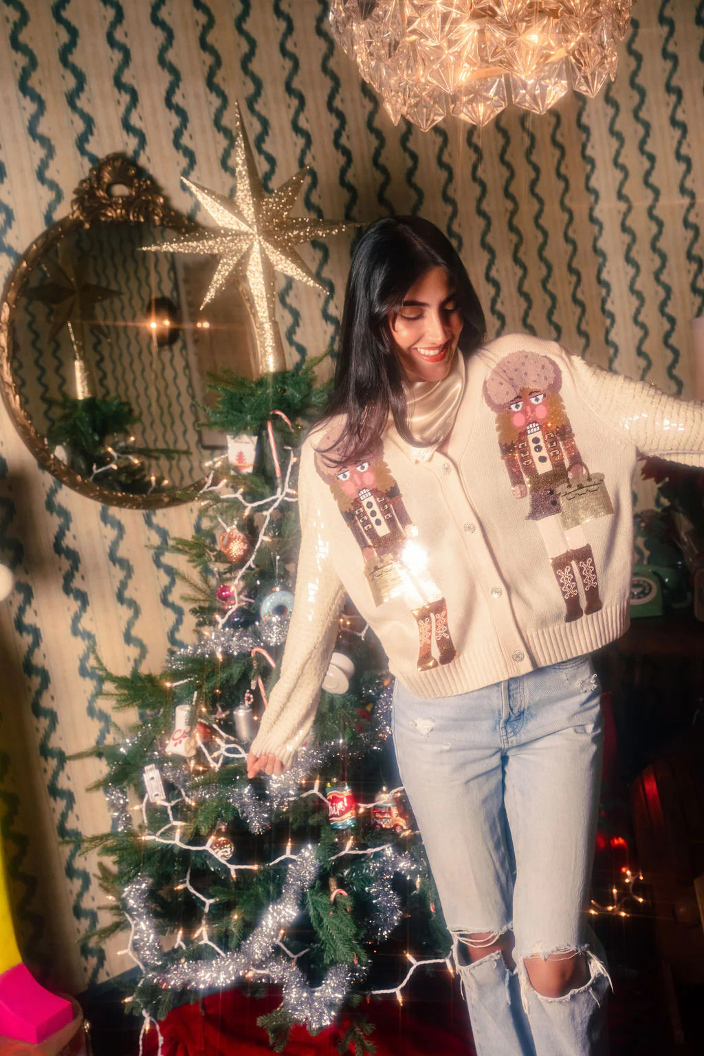 Ivory Blonde Haired Nutcracker Lady Shard Sequin Sleeve Cardigan | Queen of Sparkles