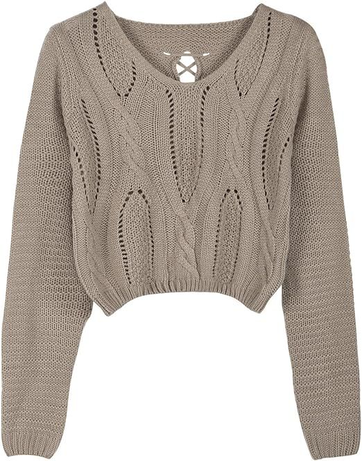 PrettyGuide Women's Sweater Long Sleeve Eyelet Cable Lace Up Crop Top | Amazon (US)
