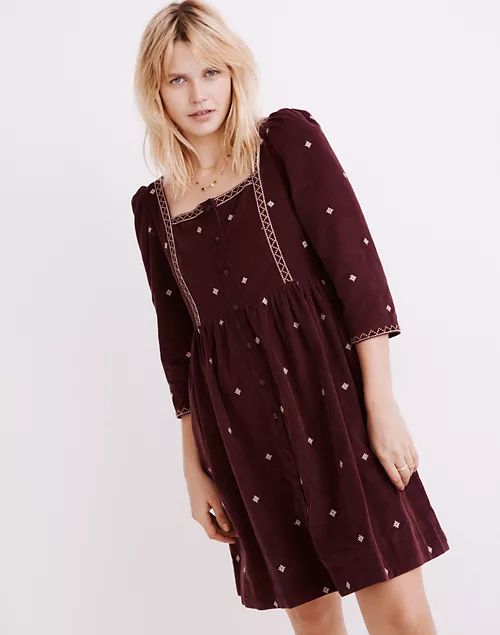 Embroidered Corduroy Button-Front Mini Dress | Madewell