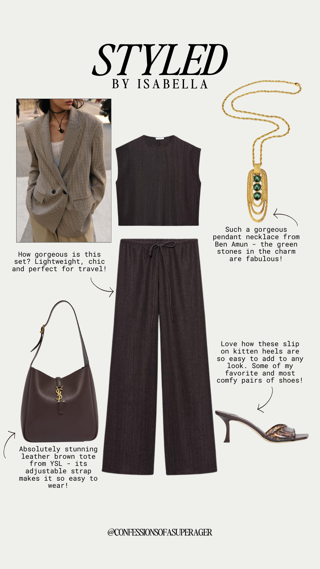 Chocolate brown is one of the biggest fashion trends of the season, and this effortless matching set is the perfect way to wear it! 🤎 Lightweight, chic, and ideal for travel, this elevated neutral look pairs beautifully with a luxe brown tote, statement pendant necklace, and comfortable kitten heel sandals for a polished day-to-night outfit. Tap to shop this timeless capsule wardrobe favorite and save for your next vacation, work trip, or everyday chic moment! ✨ 

 #ChocolateBrown #MatchingSet #TravelStyle #VacationOutfit #NeutralStyle #QuietLuxury #CapsuleWardrobe #ResortWear #SummerFashion #ChicStyle #DesignerInspired #BrownOutfit #LuxuryStyle #FashionOver40 #FashionOver50 #AgelessStyle #EffortlessStyle #LTKStyle #LTKFashion #LTKFinds #ConfessionsOfASuperAger

#LTKootd #LTKSeasonal #LTKSaleAlert