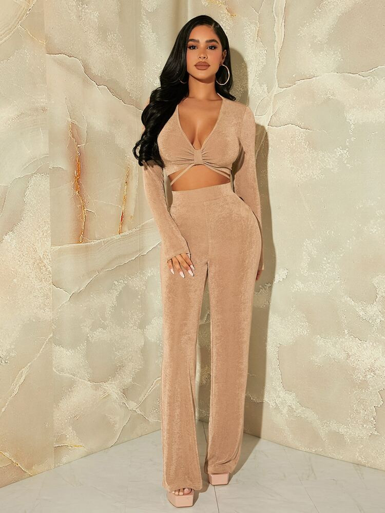 SHEIN SXY Ruched Front Tie Back Crop Top & Pants | SHEIN