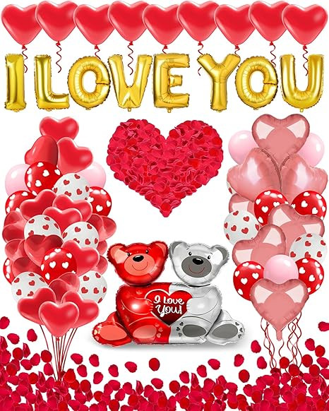 Valentines Balloon Kit Decor with I Love You Balloons, Heart Balloons with 1000 Pcs Silk Red Rose... | Amazon (US)