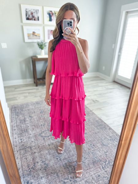Summer wedding guest dress. Pink midi dress.  Vacation dress. Vacation outfit. Amazon wedding guest. Wedding shower dress. Party dress. Cocktail dress. Destination wedding. Amazon gold heels are TTS. 

*Wearing small - has an elastic waist. Consider sizing down if you are in-between sizes. Could accommodate smaller baby bump. 

#LTKWedding #LTKParties #LTKTravel