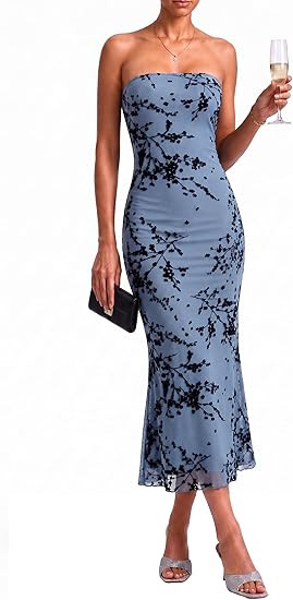 Women's Floral Strapless Maxi Dress 2026 Summer Mesh Tube Bodycon Wedding Guest Cocktail Party Fo... | Amazon (US)