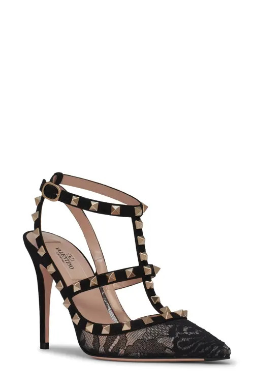 Valentino Garavani Rockstud Ankle Strap Pump in 0No Nero at Nordstrom, Size 11Us | Nordstrom