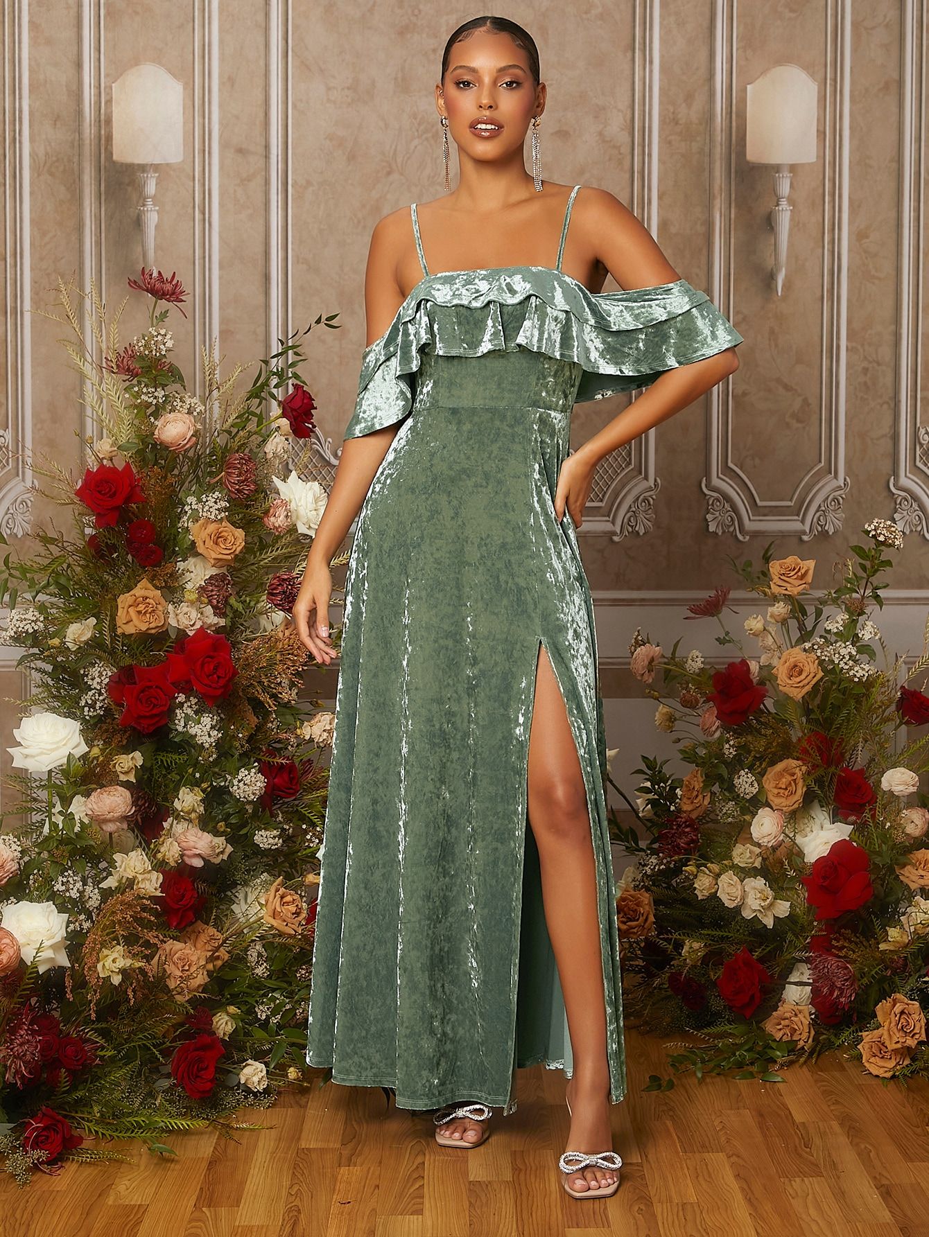 SHEIN Belle Cold Shoulder Ruffle Trim Slit Thigh Velvet Bridesmaid Dress | SHEIN
