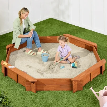Best Choice Products Kid's Octagonal Wooden Outdoor Sandbox w/ Benches, 8 Seats, Cover, XL Sandpit, Liner - Brown | Walmart (US)