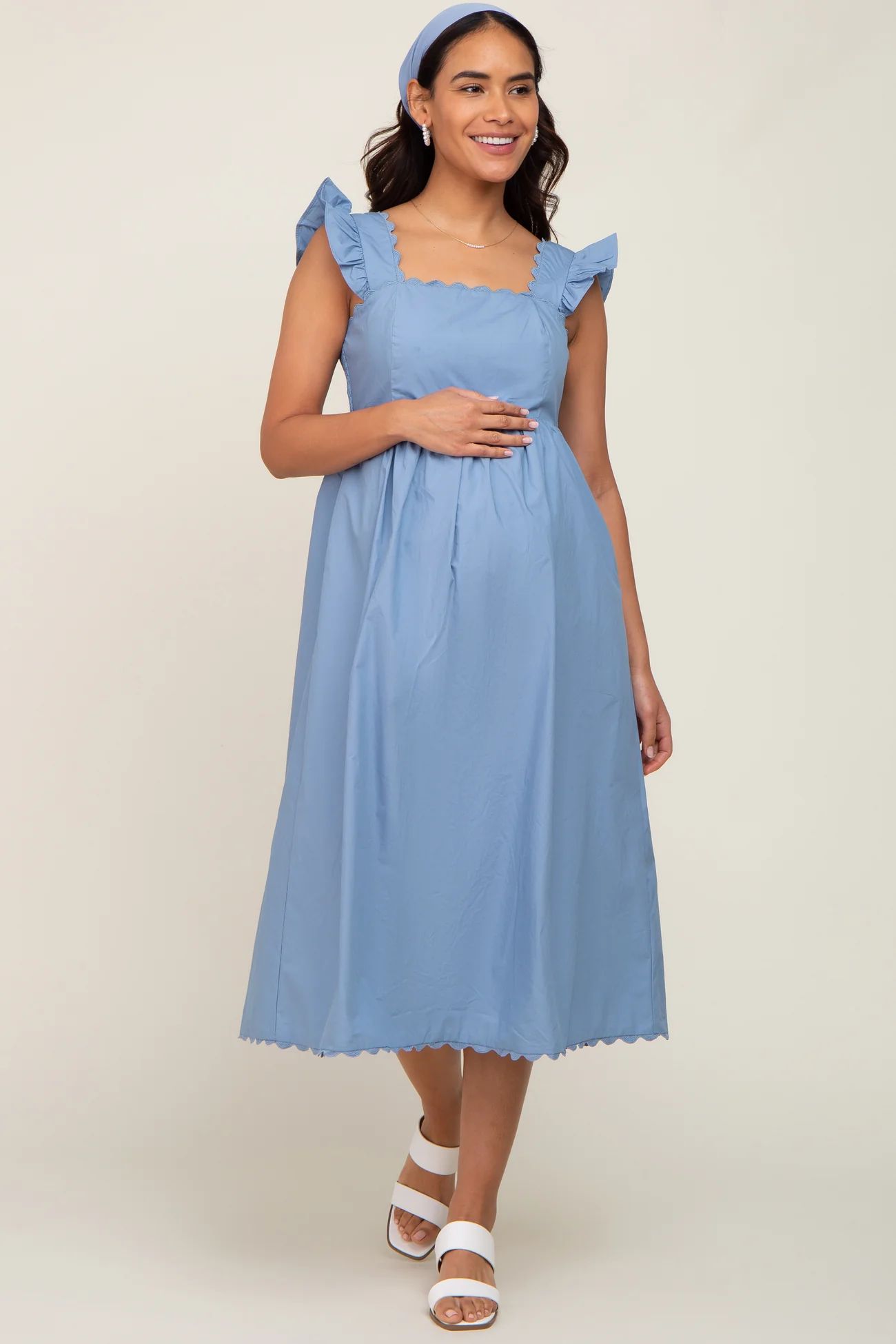 Blue Scallop Flutter Sleeve Maternity Midi Dress | PinkBlush Maternity