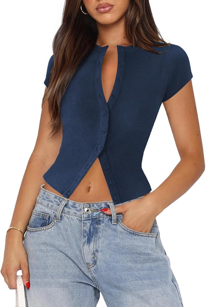 Women's Button Down Shirt Cap Sleeve Tops for Women Button Up Ribbed Knit Slim Fit Casual Y2K Cro... | Amazon (US)