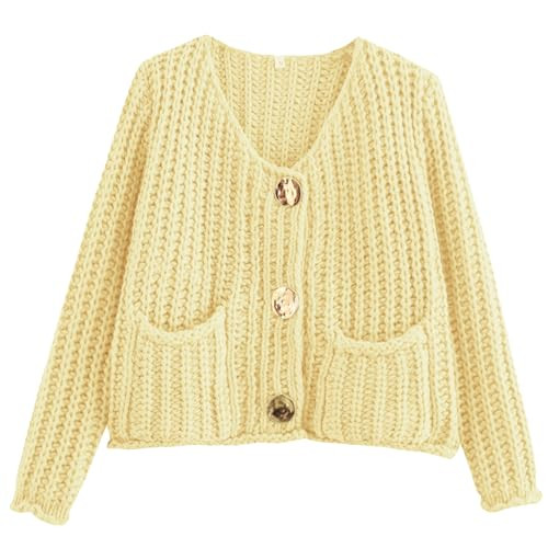 Arssm Womens Cropped Cardigan Sweaters Chunky Open Front Button Down Knit Sweater Long Sleeve Loose Cardigan Outerwear(Yellow-S) | Amazon (US)