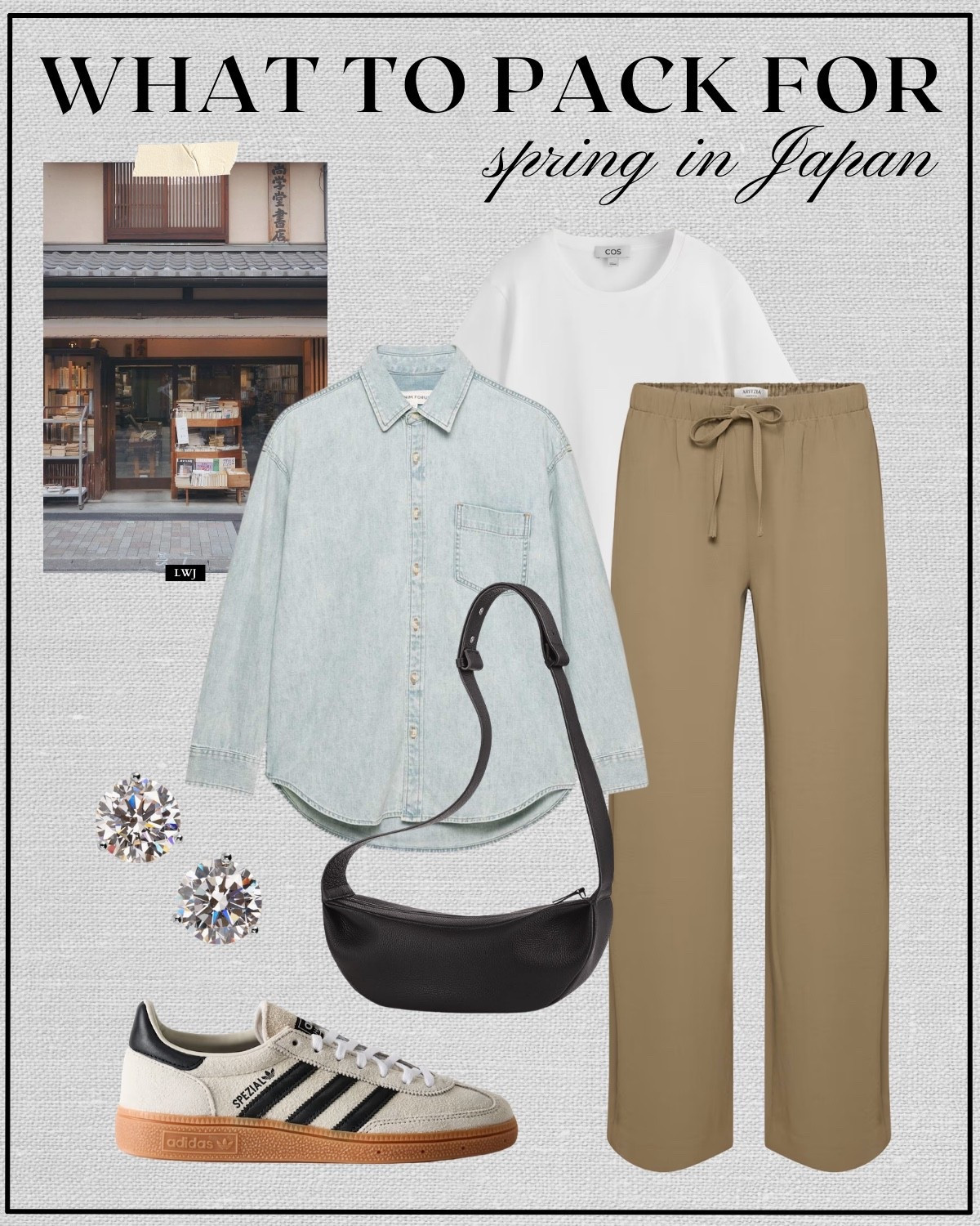 Japan spring outfit 

Spring travel / spring style / dressy outfit / denim shirt / aritzia lodge pants / pull on pants / leather crossbody / adidas handball spezial sneakers / casual style 

#LTKTravel