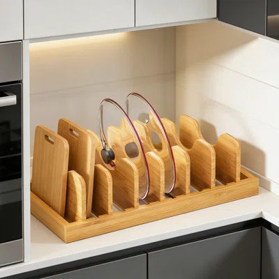 Bamboo Cabinet Organizer For Pot Lids, Pans, Cutting Boards, Baking Sheets And Dinner Plates - Adjustable Drawer Storage Rack For Kitchen Space Saving | Wayfair North America