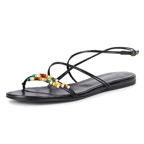 Beaded Strappy Flat Sandals for Women Bohemian Sandals Open Toe Slingback Flats Summer Vacation B... | Amazon (US)