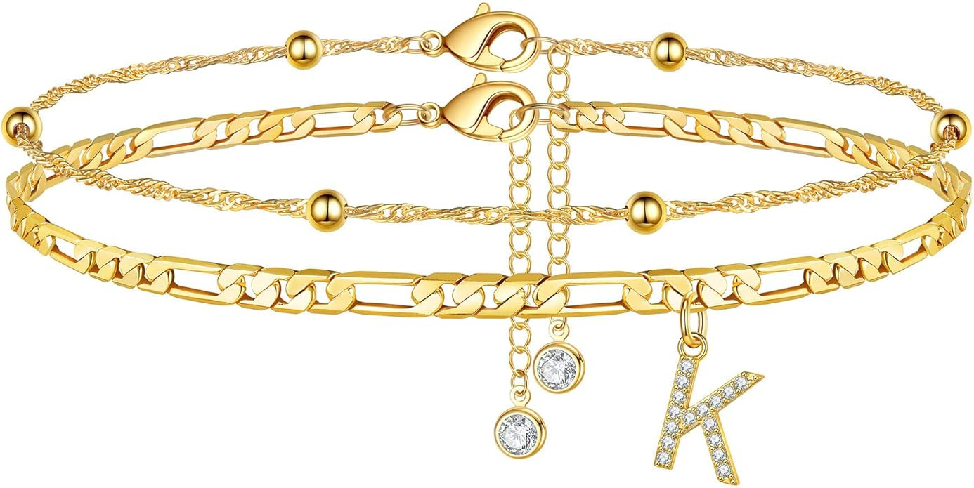 Ursteel Ankle Bracelets for Women, 14K Gold Plated Dainty Layered Figaro Chain CZ Initial Anklets... | Amazon (US)