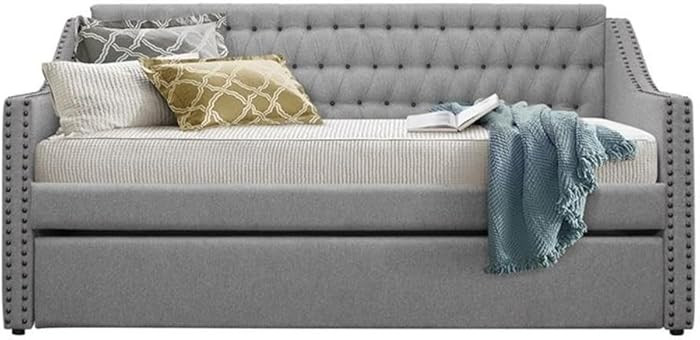 Pemberly Row Contemporary Upholstered Daybed with Trundle, Gray Fabric, Wood Frame, Button-Tufted... | Amazon (US)