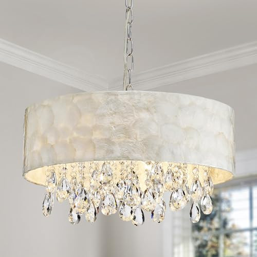AGV LIGHTING CH020 Capiz Shell Chandeliers, Modern K9 Crystal Pendant Light Fixture, 4 x E12 Sockets, D17 x H6, Adjustable Chains 59", Chrome Chains & Clear Crystal & White Shell Lampshade | Amazon (US)