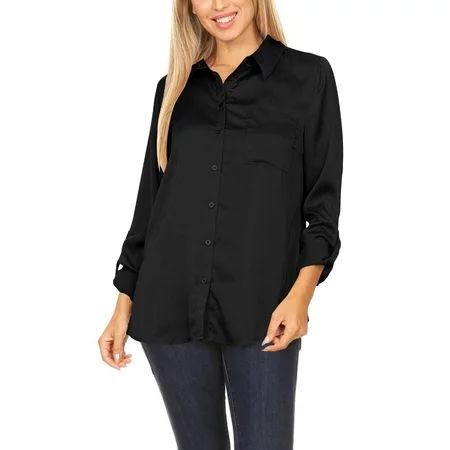 Women's Classic Silky Roll Up Sleeve Basic Button Down Office Satin Solid Shirts Top Black M | Walmart (US)