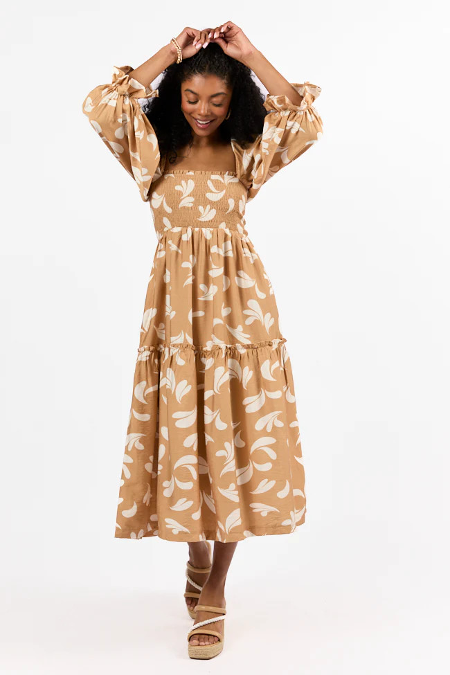 Swing Of Things Neutral Printed Smocked Midi Dress | Pink Lily