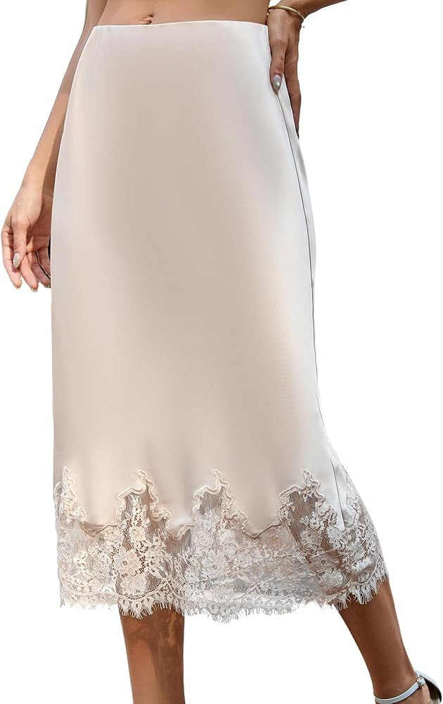 Bsubseach Women Satin Midi Skirt Elastic Waist A-Line Skirt with Lace Trim | Amazon (US)