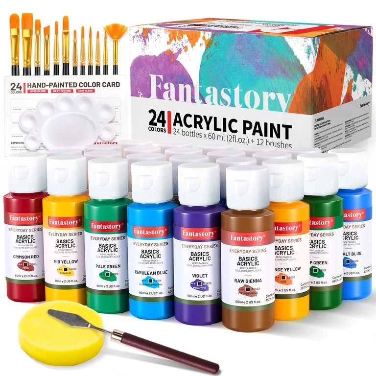 Fantastory Acrylic Paint Set, 2oz 24 Colors Acrylic Craft Paint with 12 Brushes | Walmart (US)