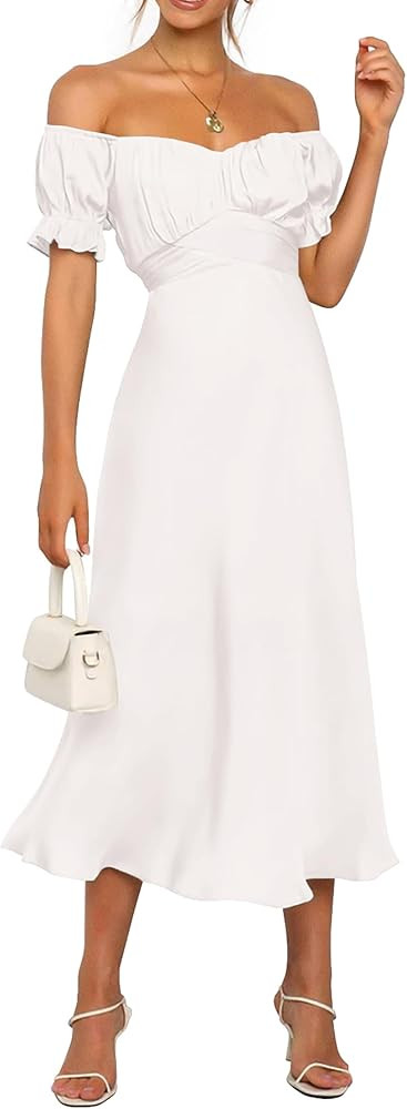 KIRUNDO Women's 2024 Summer Satin Midi Dress Off Shoulder Wrap Ruched Wedding Guest Party Cocktai... | Amazon (US)