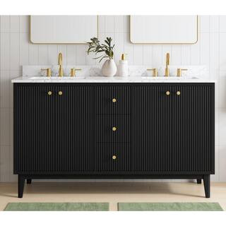 Sylvie 60 in W x 22 in D x 35 in H Double Sink Fluted Bath Vanity in Black With Engineered Carrar... | The Home Depot