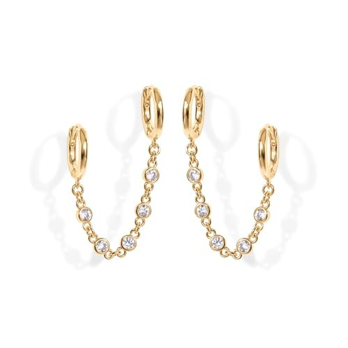 PAVOI 14K Gold Chain Earrings for Women | Double Piercing Dangle Chain Huggie Hoop Earrings | Cubic Zirconia Pearl Stud Ear Cuff Earrings for Women | Amazon (US)