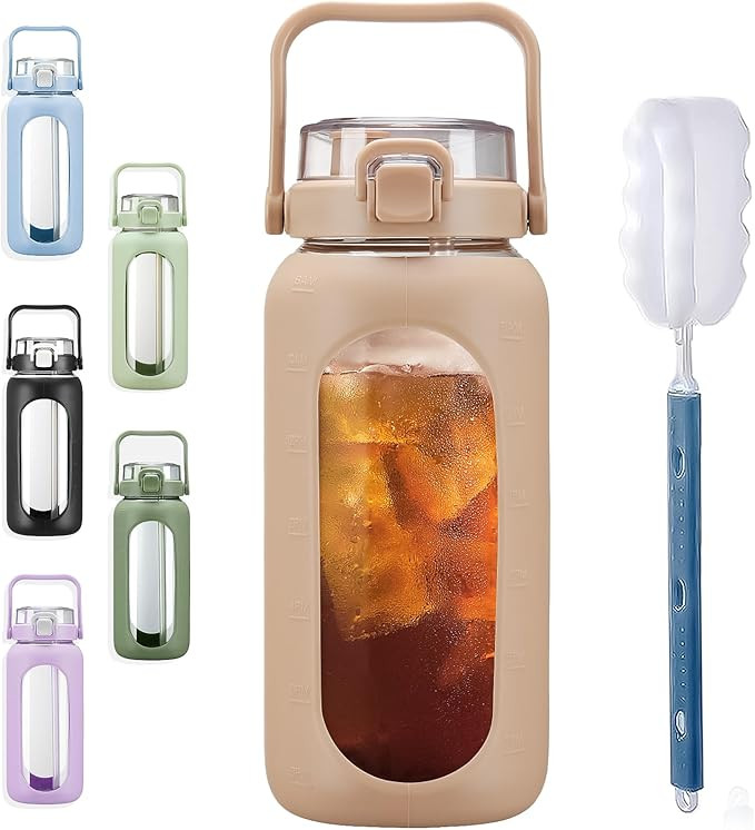 BLUEGO 64oz Glass Water Bottles with Straw Time Marker Half Gallon Large Motivational Water Bottl... | Amazon (US)