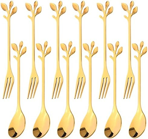 12pcs Stainless Steel Gold Leaf Coffee Spoon and Cake Fruit Forks Kitchen Accessory Wedding Party... | Amazon (US)