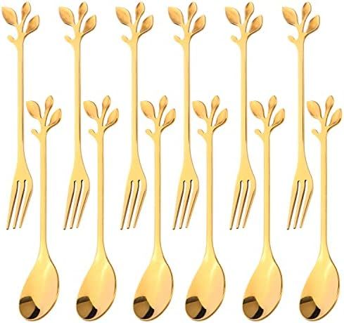 12pcs Stainless Steel Gold Leaf Coffee Spoon and Cake Fruit Forks Kitchen Accessory Wedding Party... | Amazon (US)