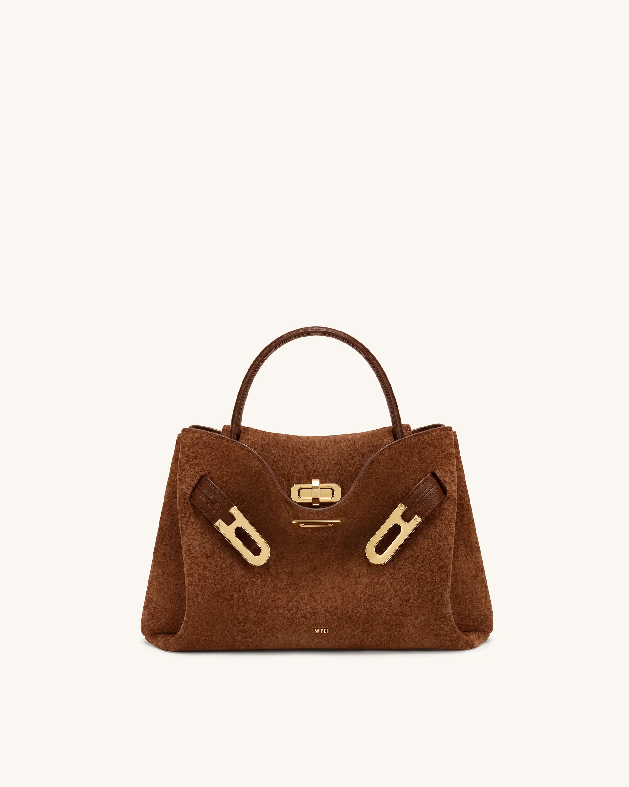 Rhea Small Faux Suede Double Buckle Shoulder Bag - Caramel Brown | JW PEI US