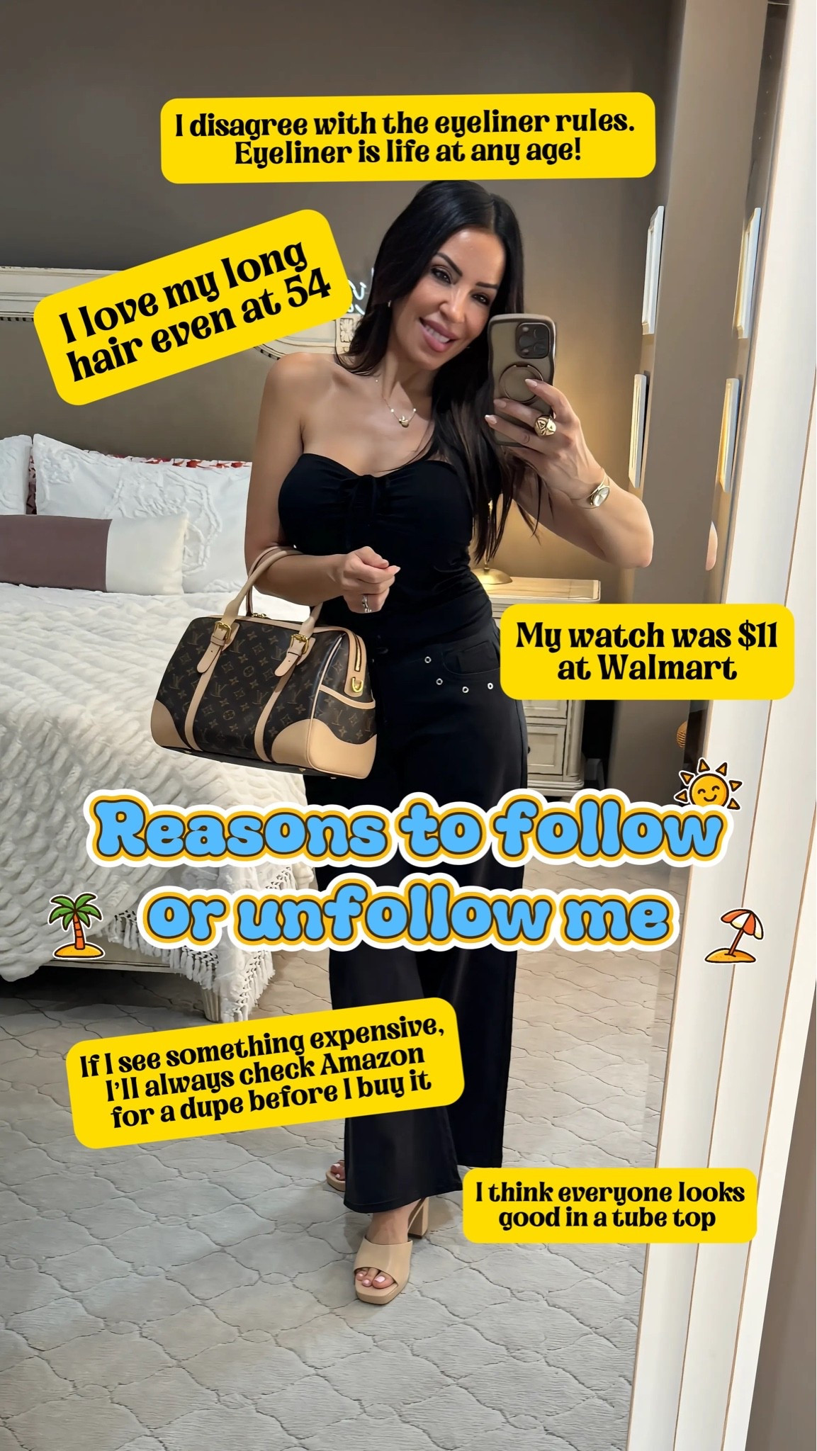 If you know me, you know my absolute signature look is always black, usually featuring a tube top and denim. It's effortless, classic, and proof that a tube top looks amazing on everyone! I'm all about breaking the so-called "rules"—whether that means rocking my eyeliner or loving my long hair at 54.
I am completely dedicated to affordable fashion. Whether I'm hunting down the best Amazon dupes for expensive items or proudly wearing my $11 watch from Walmart, I love sharing everyday outfits that are styled my way.
Let's have fun and follow me here and on YouTube over at Life In Style by Liz!
Shop my look and yes-it’s affordable.🛍️